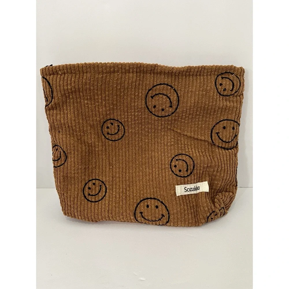 Sozakka Brown Corduroy Smiley Face Makeup Bag Cosmetic Pouch - A193